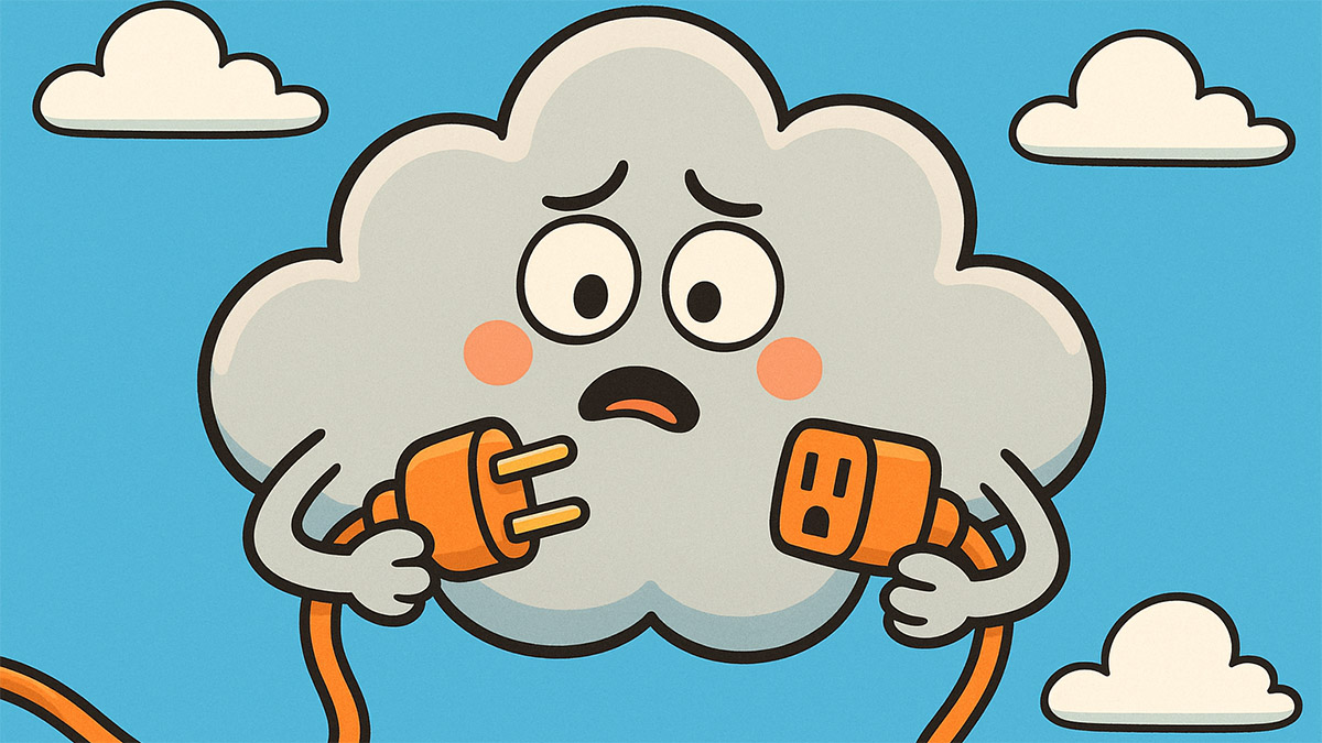 Cartoon of a cloud holding the disconnected ends of an extension cord.