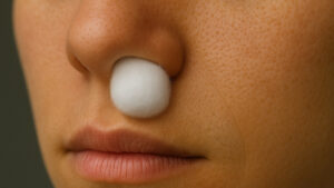 A woman's face with a cotton ball stuffed in her nostril to stop a nosebleed.