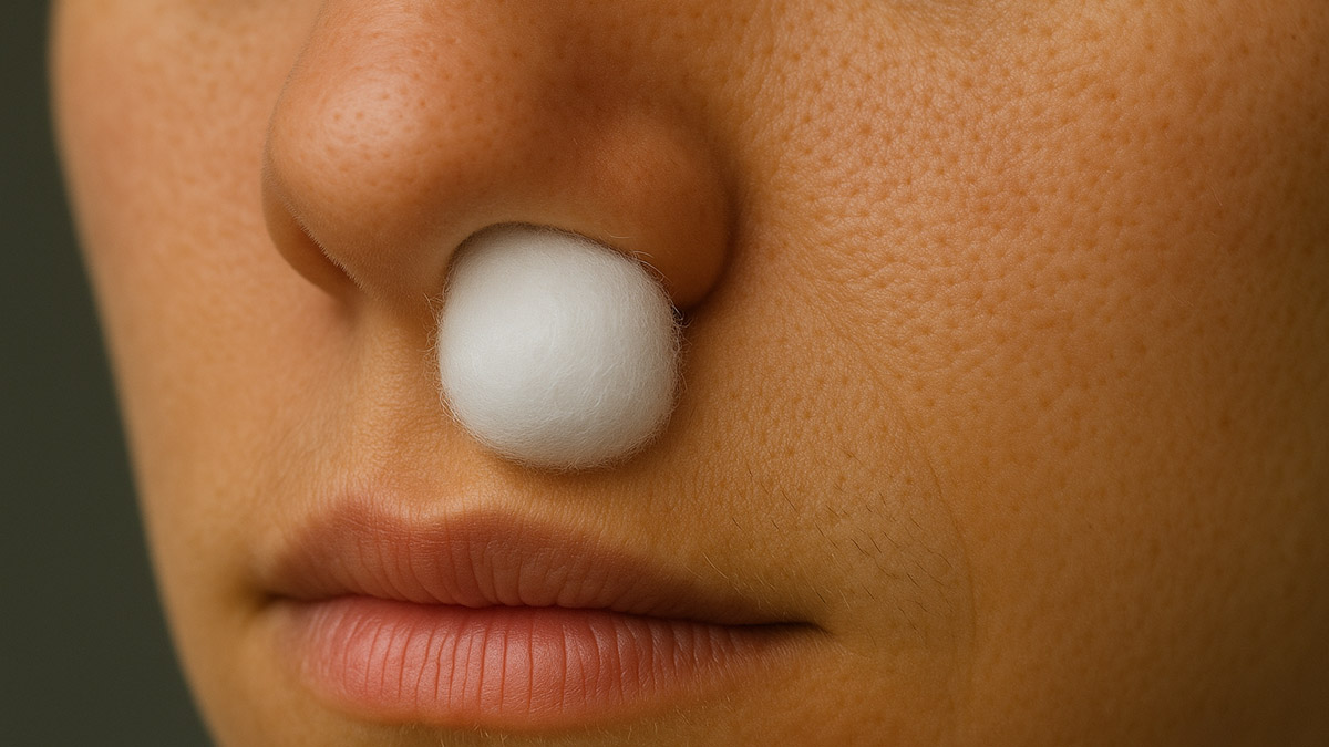 A woman's face with a cotton ball stuffed in her nostril to stop a nosebleed.
