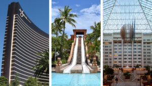 Triptych photo showing the Wynn Las Vegas, Atlantis Bahamas, and Hilton Prague