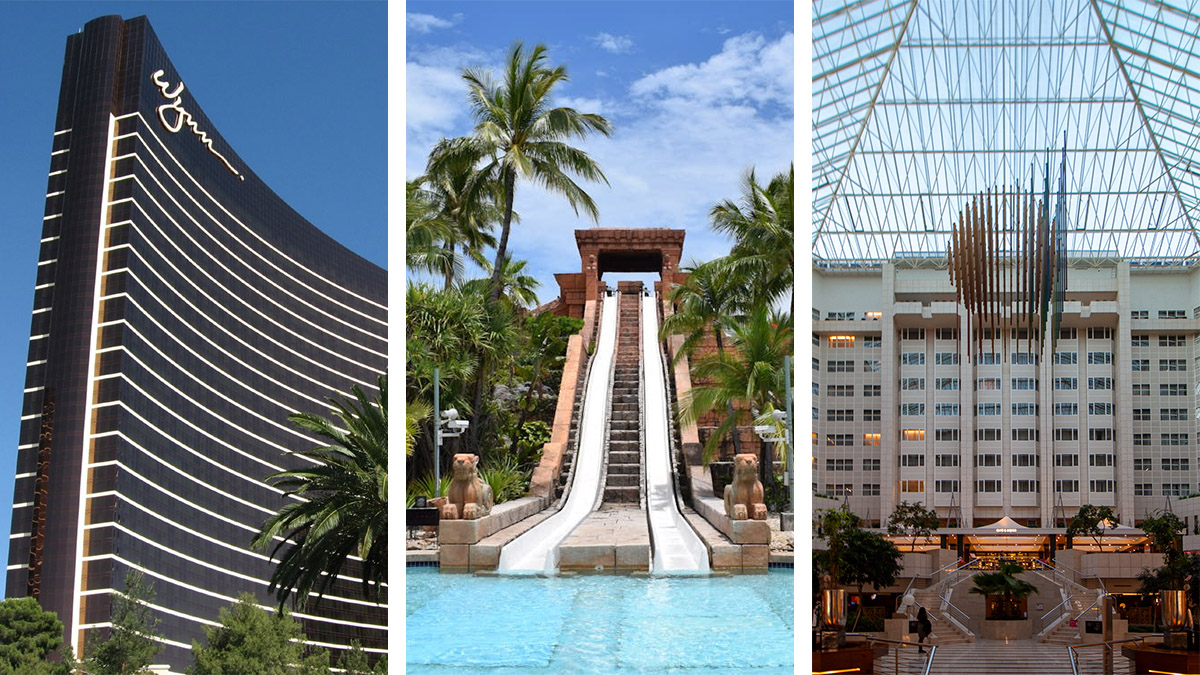 Triptych photo showing the Wynn Las Vegas, Atlantis Bahamas, and Hilton Prague