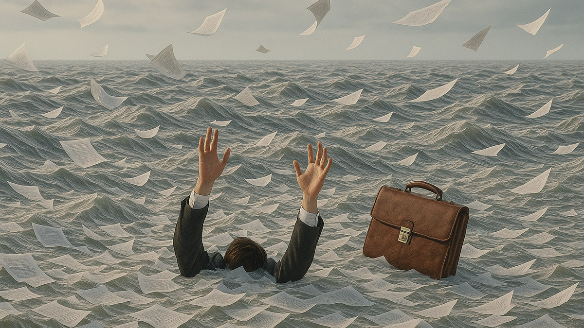 Concept art of a lawyer drowning in a sea of legal documents.