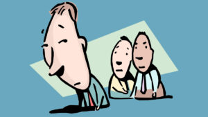 Cartoon illustration of an executive getting ostracized by his peers.