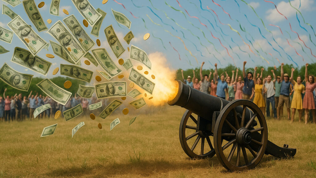 A crowd cheers as a cannon blasts a shower of coins and dollar bills