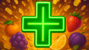 A green neon plus sign against a background of gold coins and fruit.