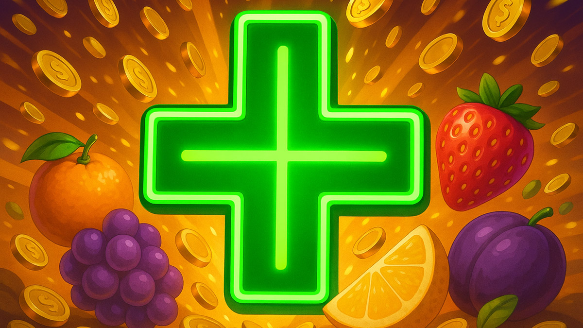 A green neon plus sign against a background of gold coins and fruit.