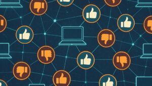 A conceptual illustration of a decentralized voting process, with nodes on a network indicating thumbs up or thumbs down.