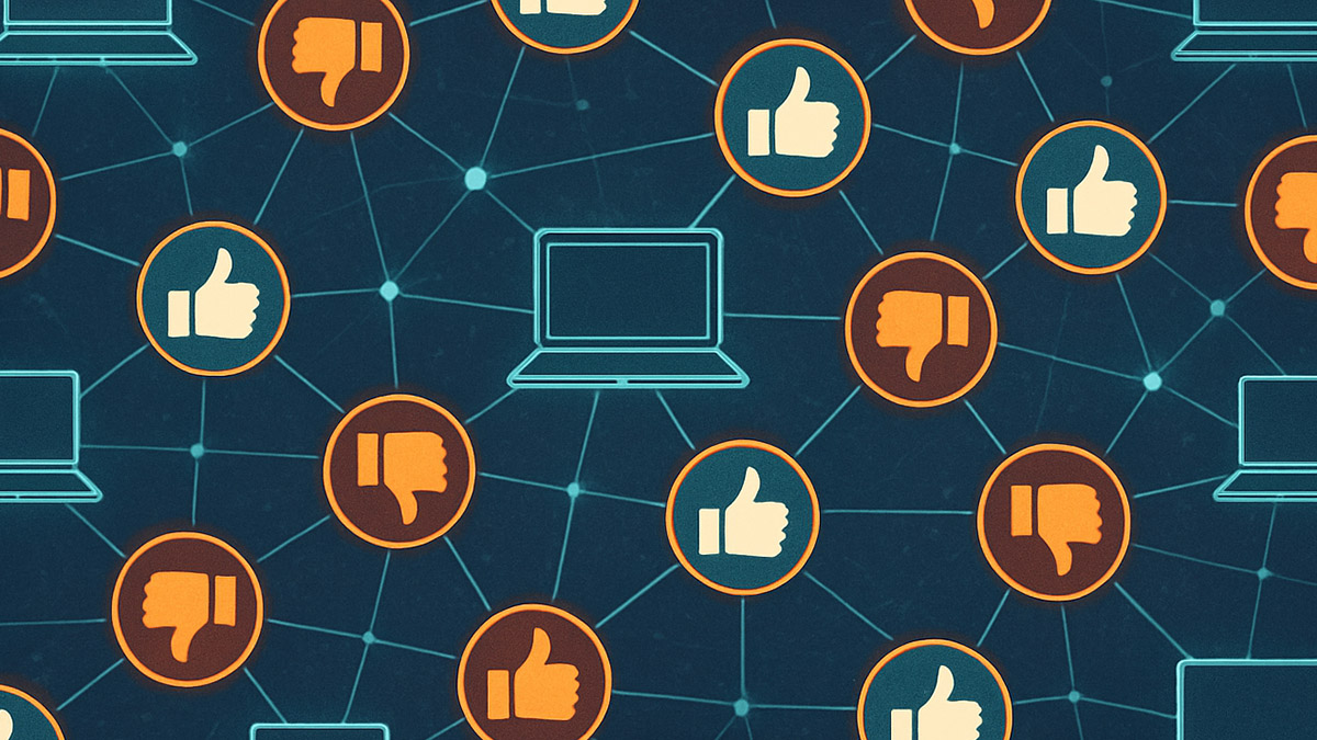 A conceptual illustration of a decentralized voting process, with nodes on a network indicating thumbs up or thumbs down.