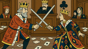 The King and Queen from a deck of cards do battle in the courtroom.