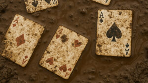 Playing cards lying in a mud puddle