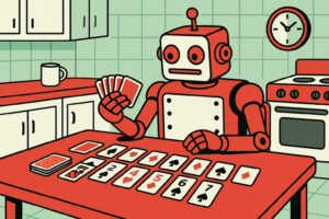 Cartoon illustration of a robot playing solitaire at a kitchen table.
