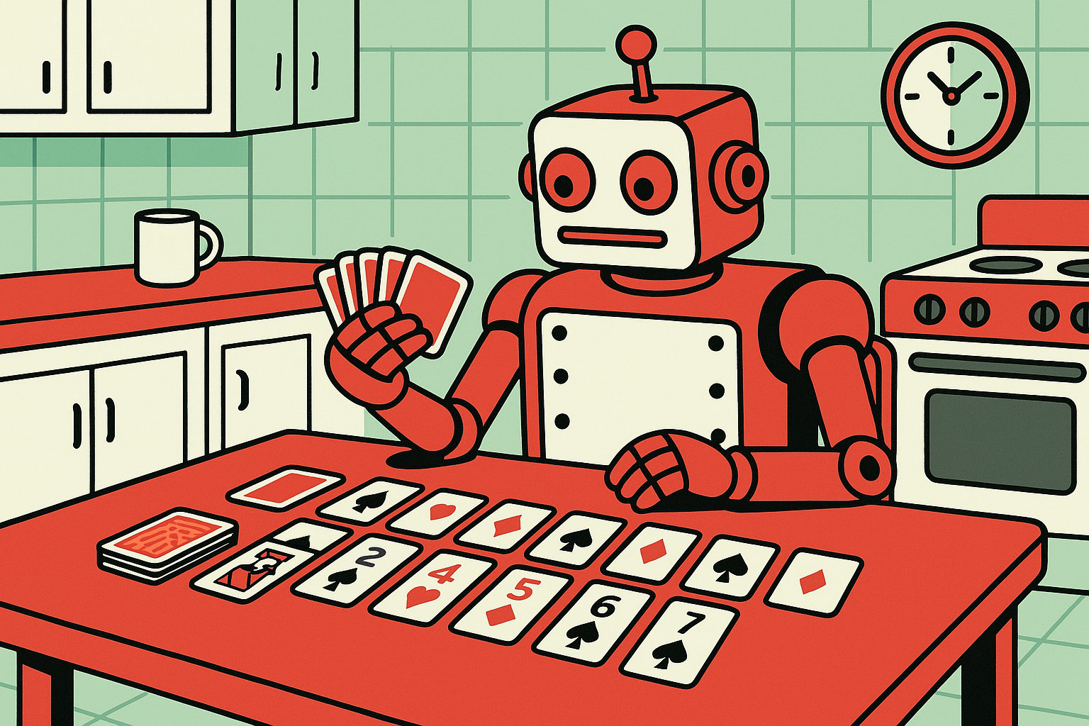 Cartoon illustration of a robot playing solitaire at a kitchen table.