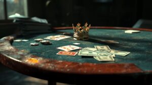 A table with cards and a crown