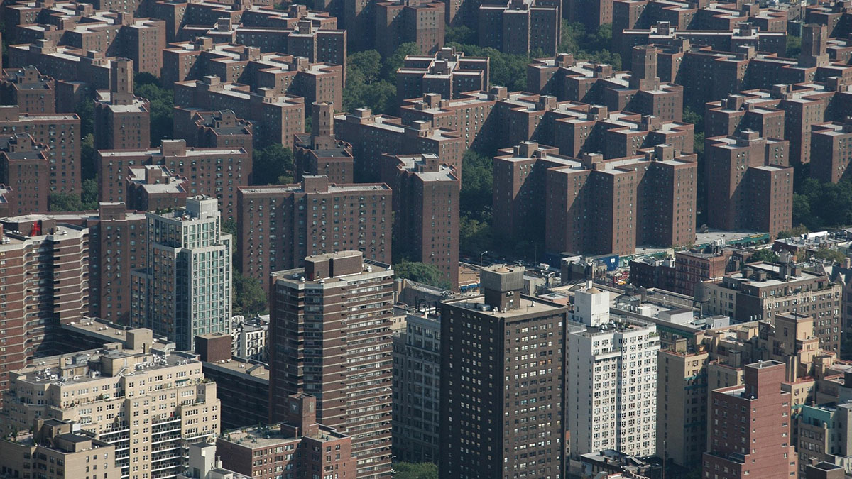 Aerial view of apartment buildings in the Bronx, New York City.