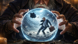 A wizard using a crystal ball sees a man struggling in a powerful windstorm.