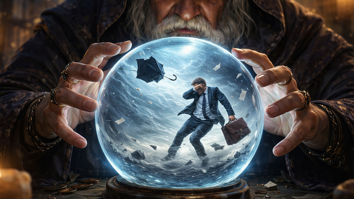 A wizard using a crystal ball sees a man struggling in a powerful windstorm.