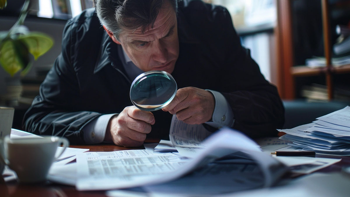 A man with a magnifying glass takes a close look at some documents.