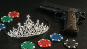 A diamond-studded tiara, poker chips, and a pistol.