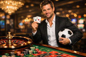 A man stands at the roulette table holding a soccer ball and a poker hand.