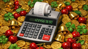 A tax calculator sitting amid a pile of items representing conventional slot machine imagery, like coins and cherries.