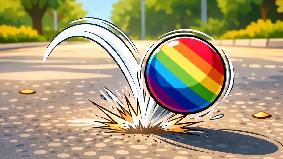 Cartoon graphic of a colorful rubber ball rebounding off the pavement.