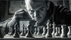 A man looking shifty and cheating in chess