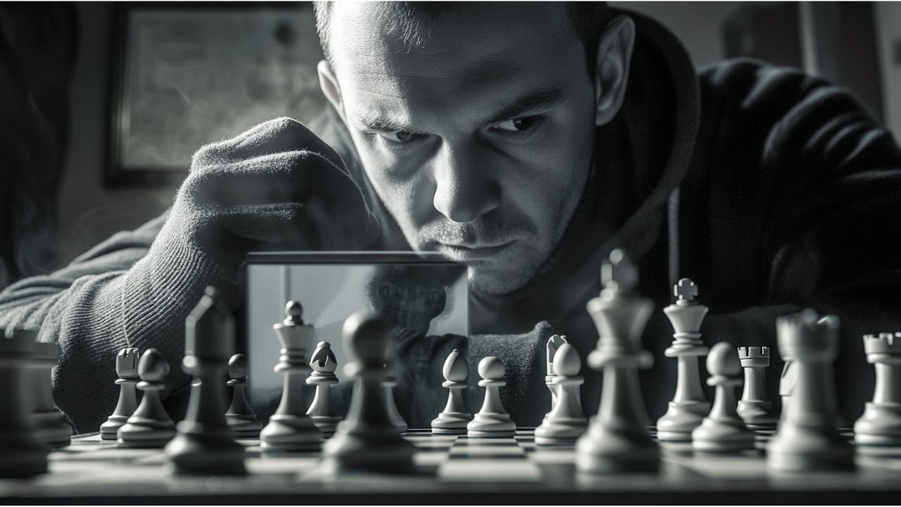 A man looking shifty and cheating in chess