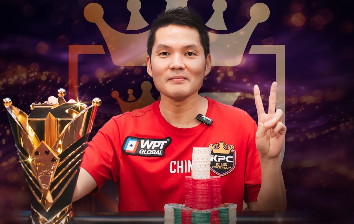 A photo of poker pro Ren Lin winnign the King Poker Cup Main Event in Jeju, South Korea.