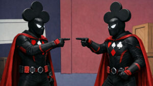 Two poker-themed superheroes point at one another in a reference to the well-known Spiderman meme.