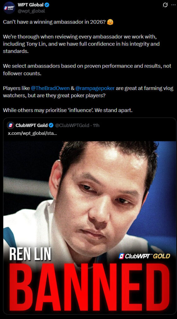 WPT Global's deleted tweet, calling out ClubWPT Gold ambassadors