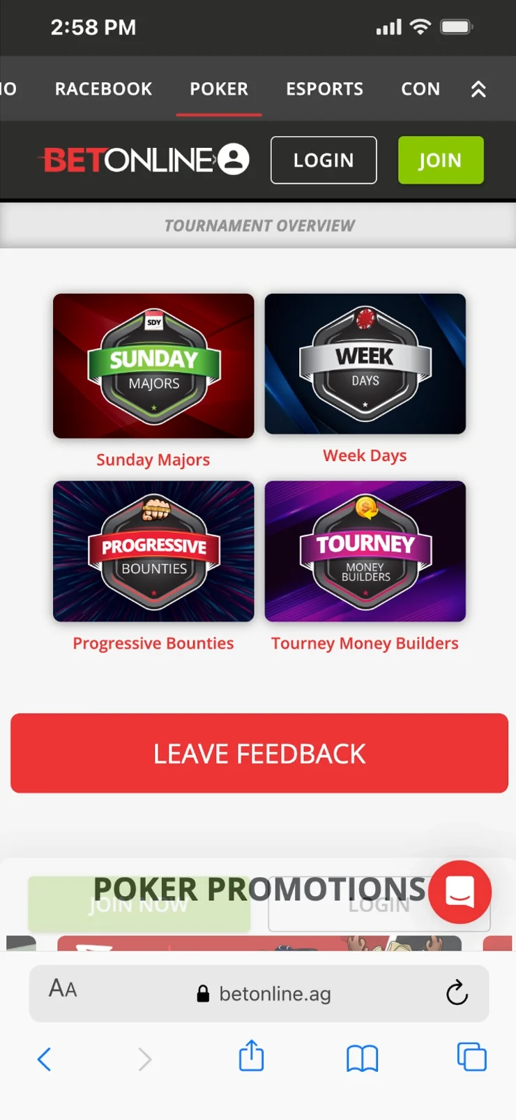 BetOnline poker tournaments lobby