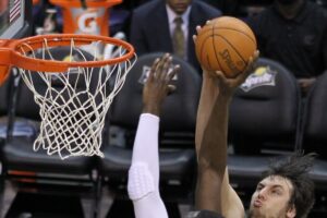 A blocked shot in an NBA game