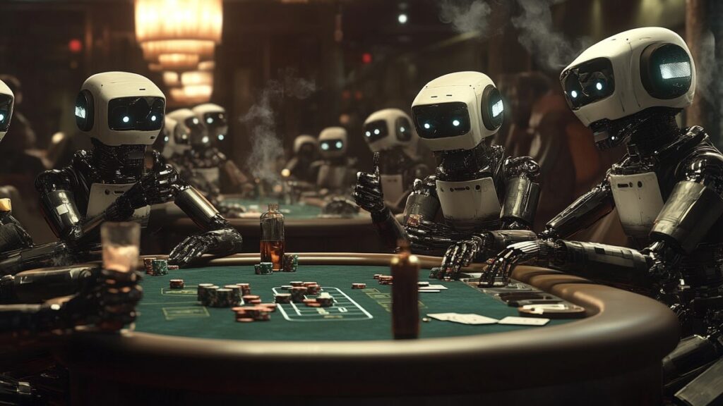 An illustration of multiple robots playing poker.