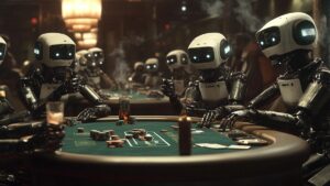 An illustration of multiple robots playing poker.