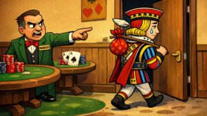 Cartoon of the Jack from a deck of cards being banished from a cardroom by the manager.