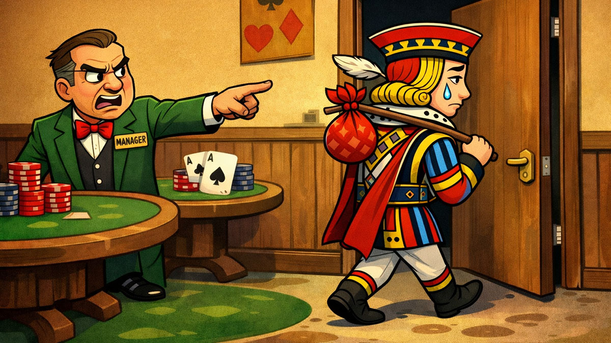 Cartoon of the Jack from a deck of cards being banished from a cardroom by the manager.