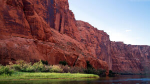 Red stone cliffs along the Colorado river.