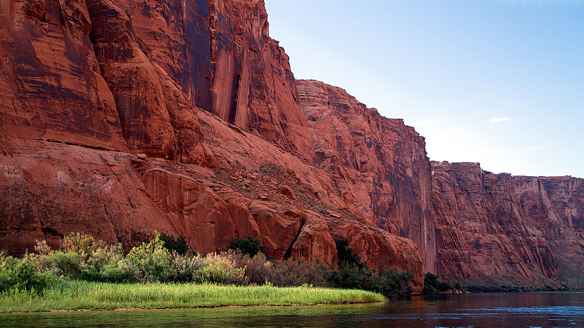 Red stone cliffs along the Colorado river.