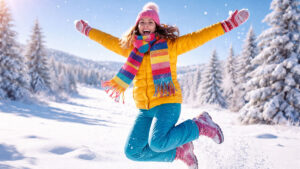 Woman jumping for joy in a winter snowfield.