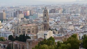 An aerial photo of the Malaga skyline.