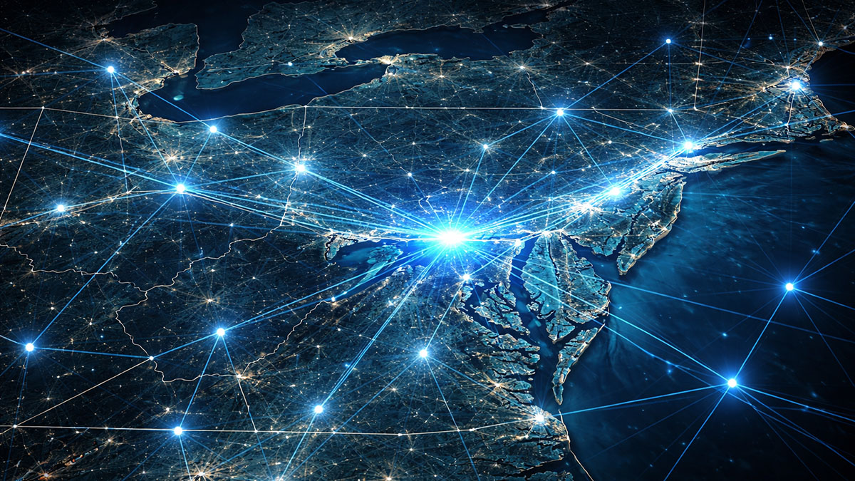 Digital network concept art overlaid on a map of the US east coast, centered on Maryland