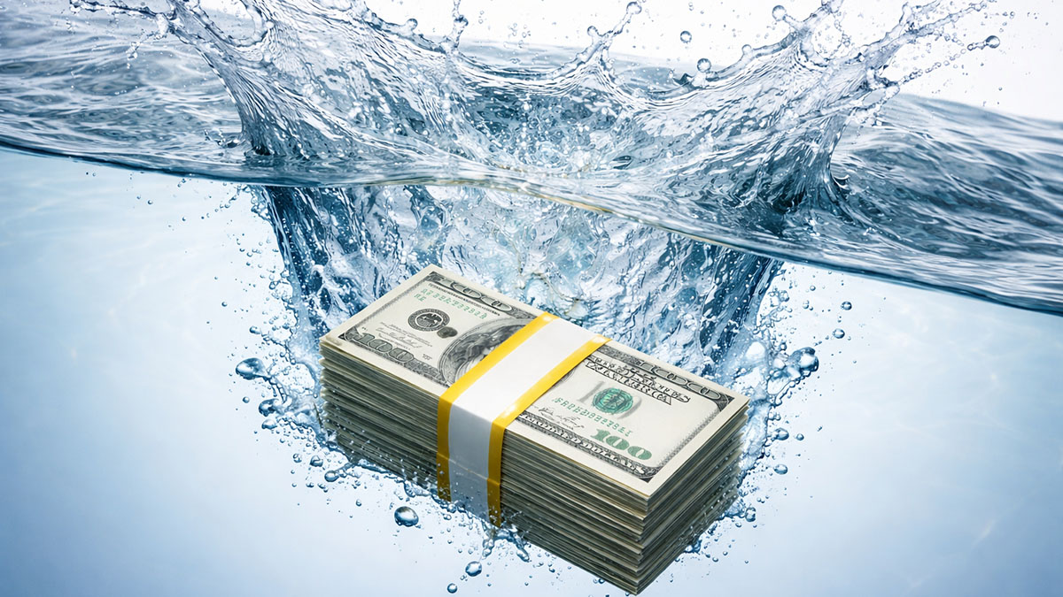 A bundle of dollar bills makes a splash in the water.