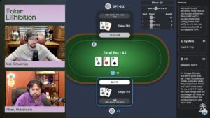 A screenshot of a livestream featuring poker players Nick Schulman and Hikaru Nakamura watching Kaggle's AI Poker Showdown.