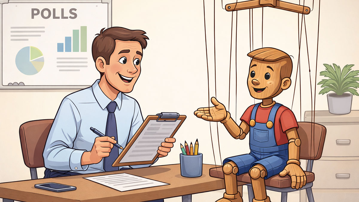 Cartoon illustration of a pollster interviewing a wooden marionette.