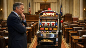A lawmaker stands in the state capitol, contemplating a slot machine.