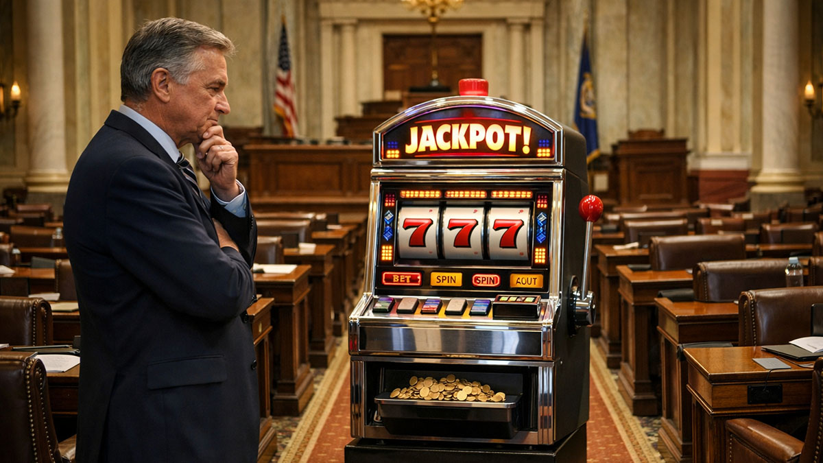 A lawmaker stands in the state capitol, contemplating a slot machine.