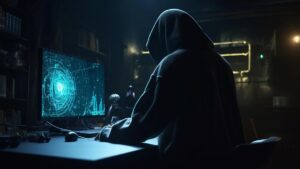 An illustration of a shadowy hacker hunched over a laptop.