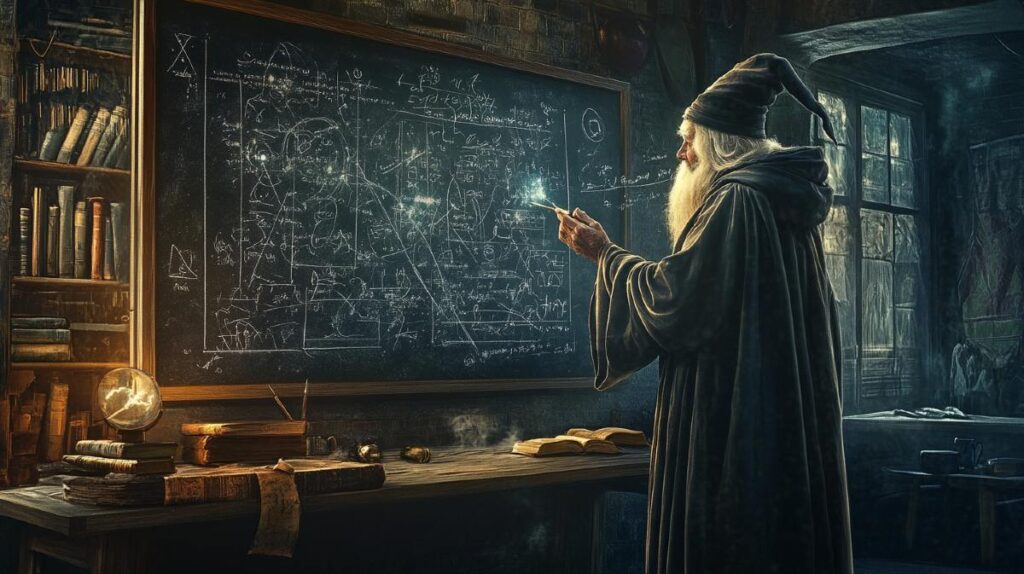 A wizard solving math problems