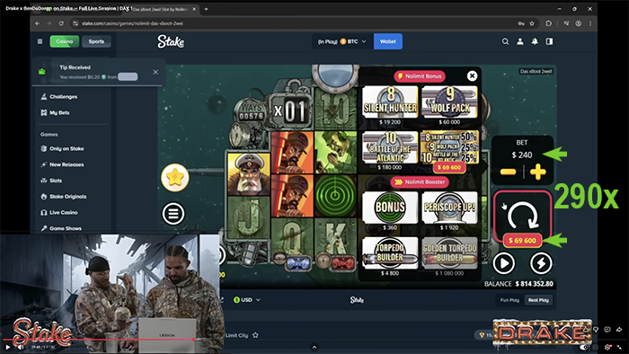 Drake placing a 290x multiplier bonus buy bet on stream