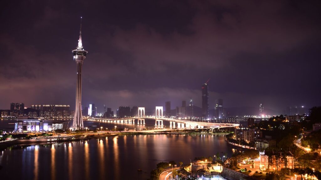 A tower in Macau at night